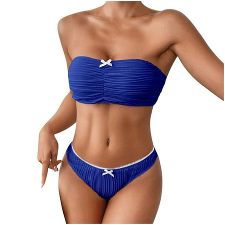 Efsteb High Waisted Swimsuits for Women Strapless Split Swimsuit Solid Color Two Piece Swim Suit Fashion Bathing Suits Swimwear (Blue L)
