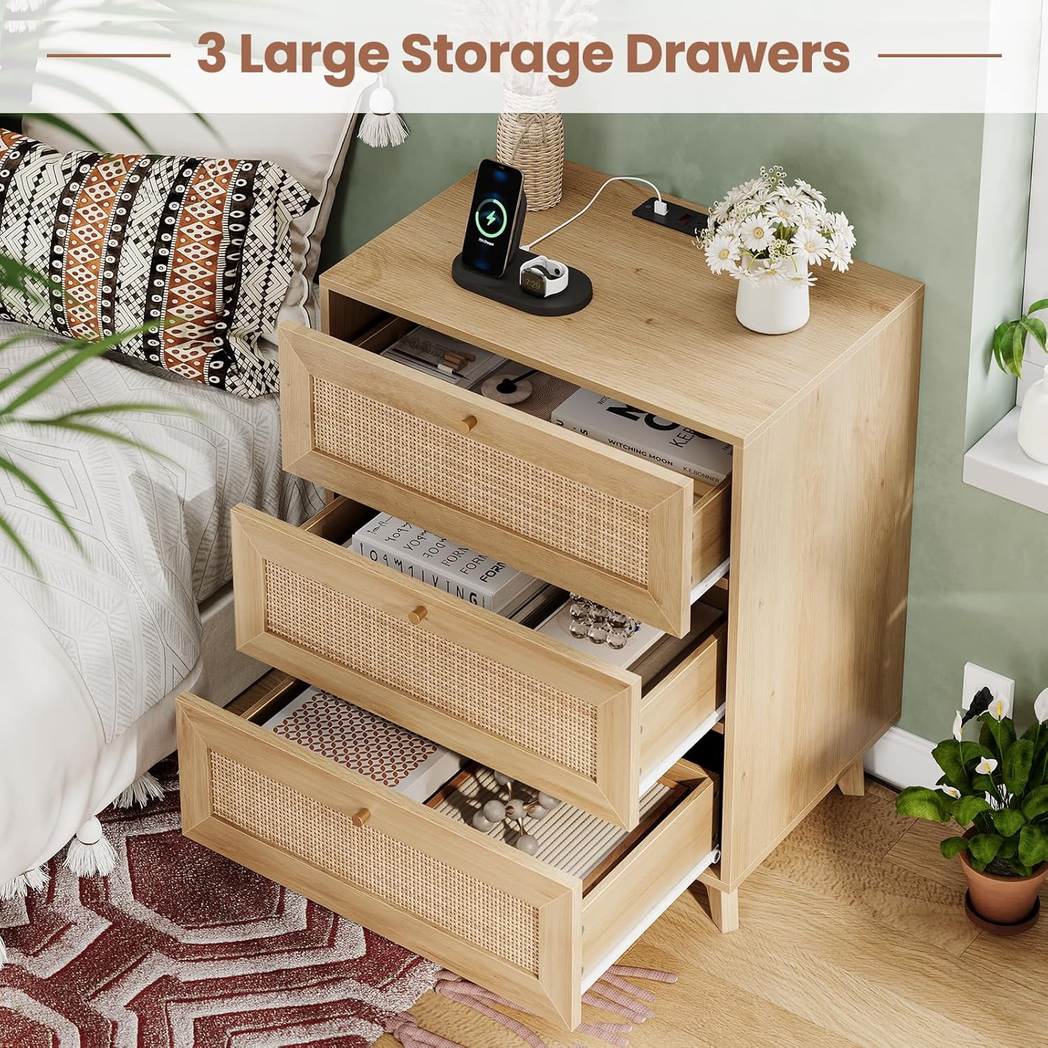 Rattan Nightstand with Charging Station & 3 Drawers, Boho Bedside Table for Bedroom