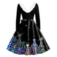 thumbnail image 4 of Christmas Dresses for Women Christmas Print Flare Dress For Women Long Sleeve Dress Hollow Party Casual Dresses with V Neck for Holiday Party,Dark Blue,XL, 4 of 5