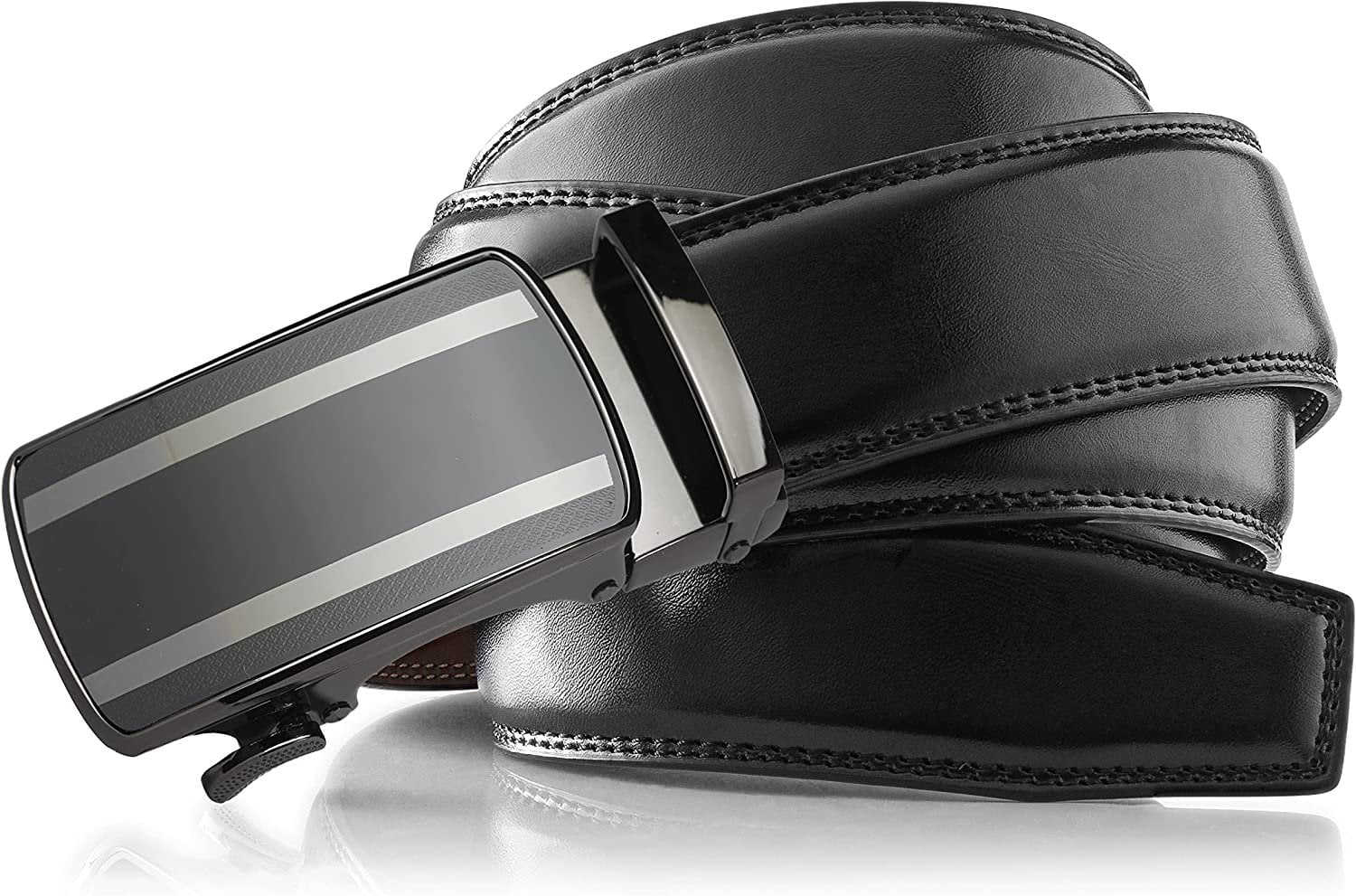 Roxoni Mens Genuine Leather Ratchet Dress Belt with Automatic Buckle Double  Silver Lined Glossy Black, Enclosed in an Elegant Gift Box 
