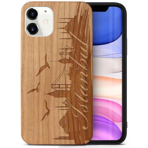 Case Yard Wooden Case Outside Soft TPU Silicone, Slim Fit Shockproof Wood Protective Phone Cover for Girls Boys Men and Women, Supports Wireless Charging Istanbul Love Design case for iPhone-12-Mini