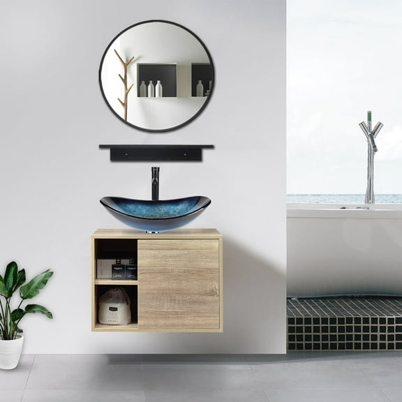 ELECWISH Wall Mounted Bathroom Vanity Sink Set with Storage Shelves,PVC Board Cabinet with Sink Black Side Shelves and Round Glass Mirror