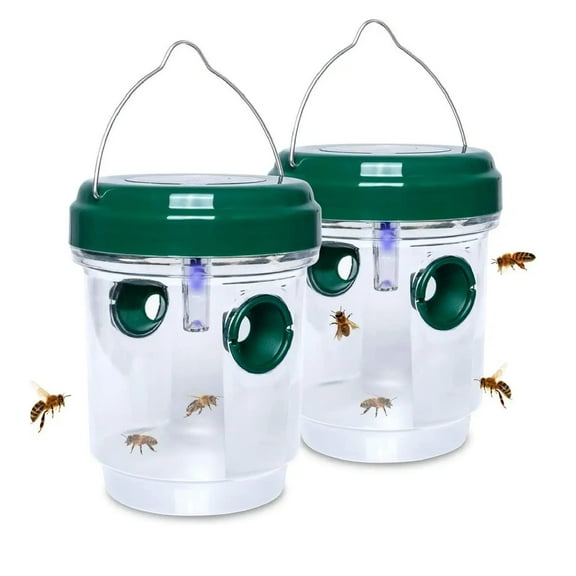 2 Pack Solar Wasp Traps Solar Powered Wasp Killer Hanging with UV LED Light Reusable Bee Trap Catcher Outdoor for Hornets