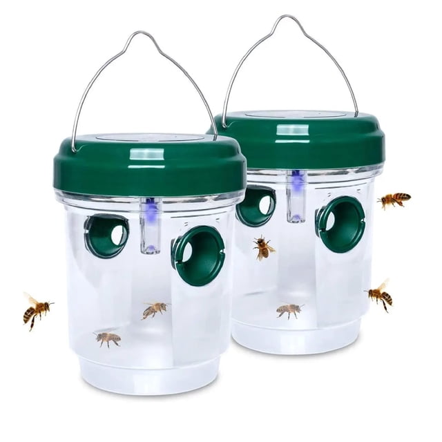 Paquete de 2 trampas solares para avispas, matamoscas alimentadas por energía Solar, colgantes con luz LED UV, trampa reutilizable para abejas, atrapamoscas para exteriores para avispones