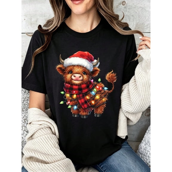 Christmas Highland Cow T Shirt Women Cute Santa Hat Plaid Scarf Lights Graphic Tee Festive Holiday Top Casual Short Sleeve
