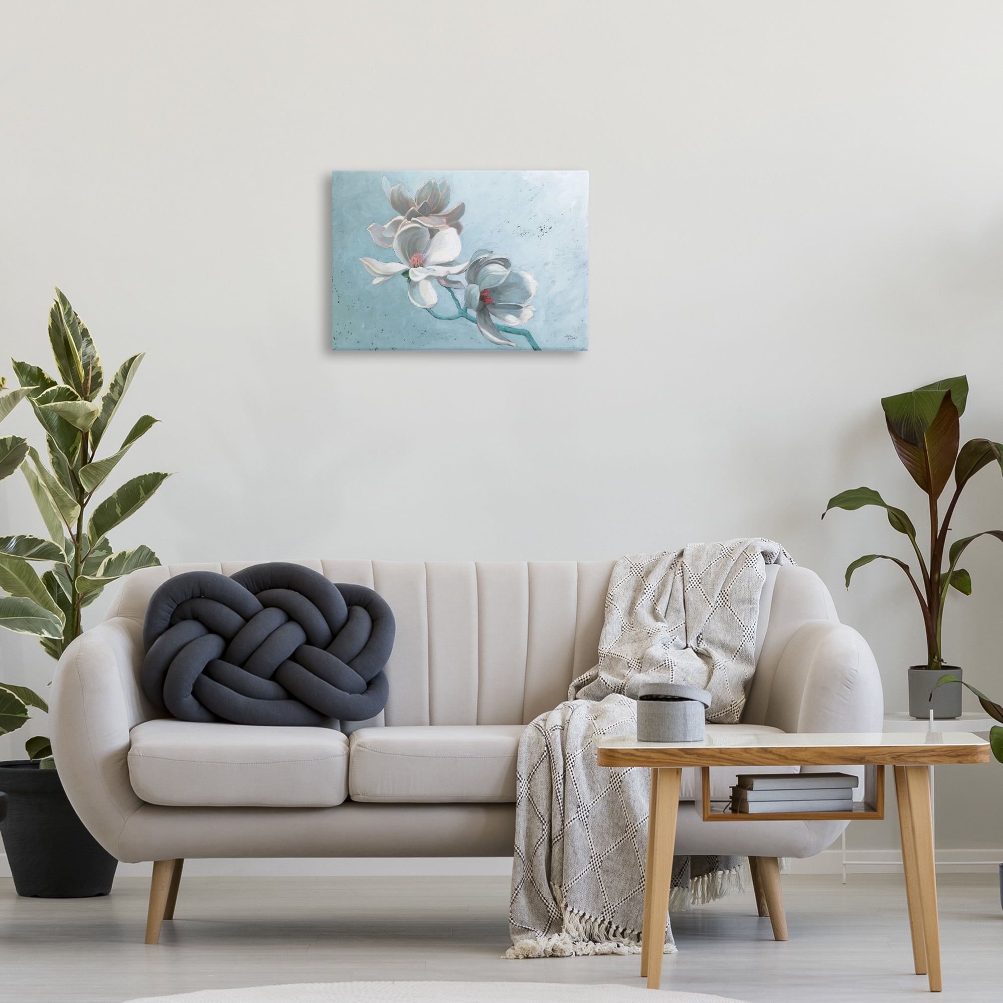 Stupell Industries Magnolia Branch on Blue Botanical & Floral Painting Gallery Wrapped Canvas Art Print Wall Art, 24 x 16