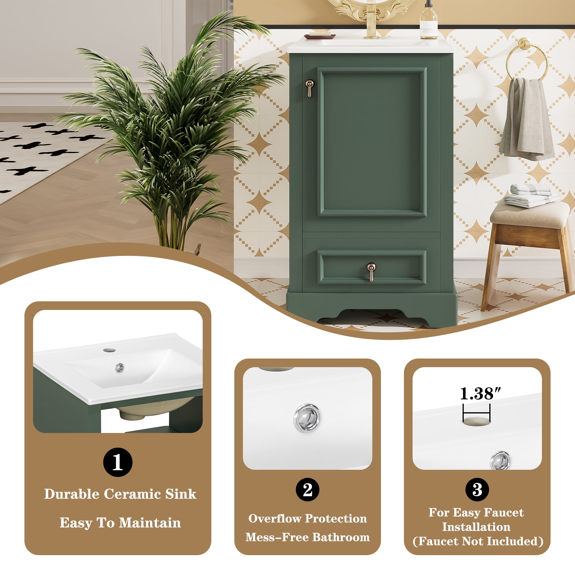 MODERNLUXE 20" Bathroom Vanity with Ceramic Sink Combo,Solid Wood Bathroom Storage Cabinet with Compartment Drawer and Adjustable U-Shaped Shelf, Soft-Close Door with Organizer for Small Space,Green