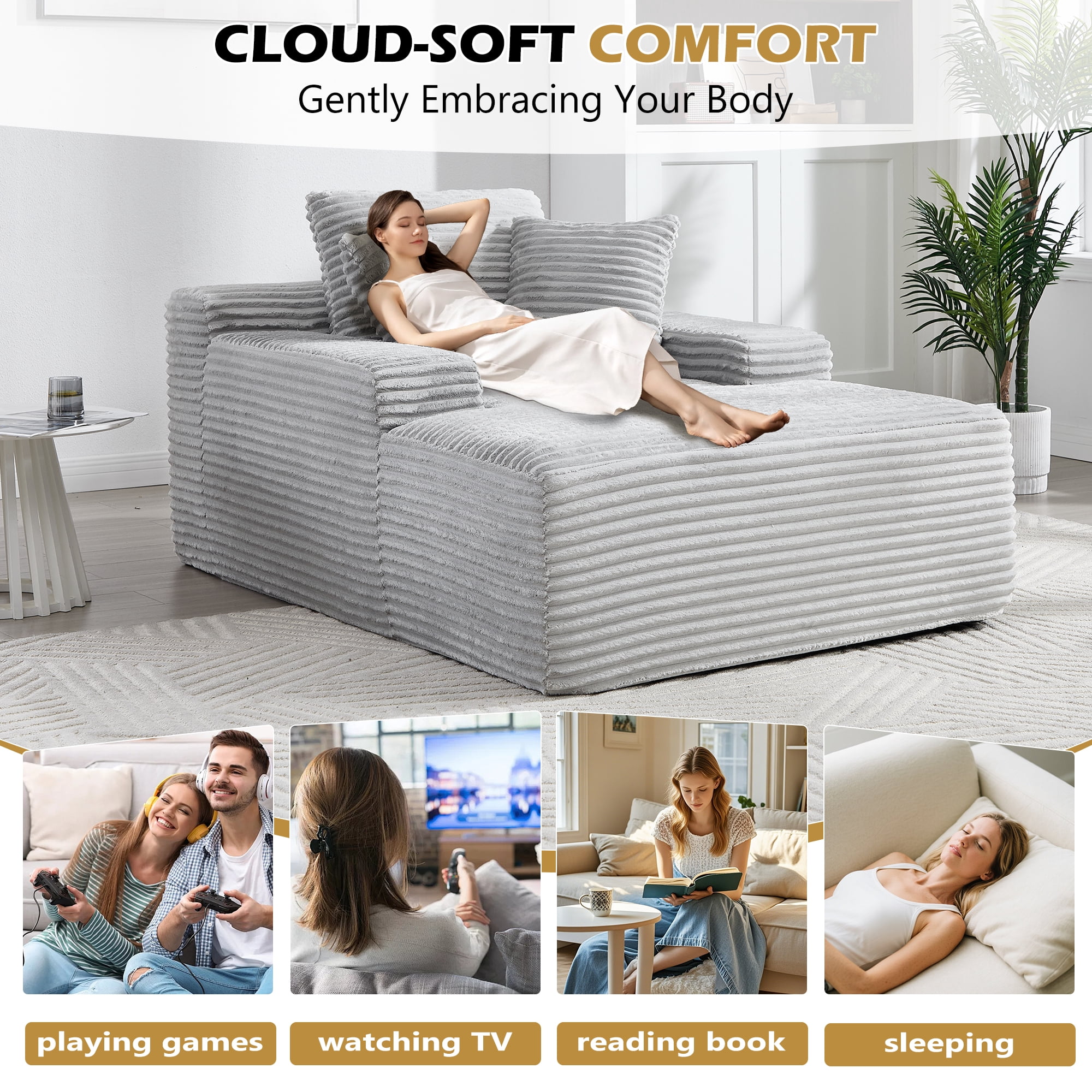 Leumius 67'' Oversized Chaise Lounge Chair Indoor,Modern Velvet Upholstered Sofa Bed,Deep Seat Sofa with Back Cushion and Pillows,Cozy Sleeper Couch for Living Room, No Assembly Required,Light Gray