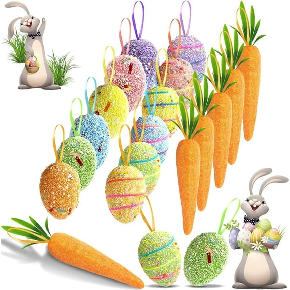 TETOU 18Pcs Easter Basket Stuffers, Easter Colorful Egg Ornaments and Glitter Artificial Carrot Hanging Ornaments, Easter Ornaments for Tree Decorations, Home Spring Party DIY Crafts