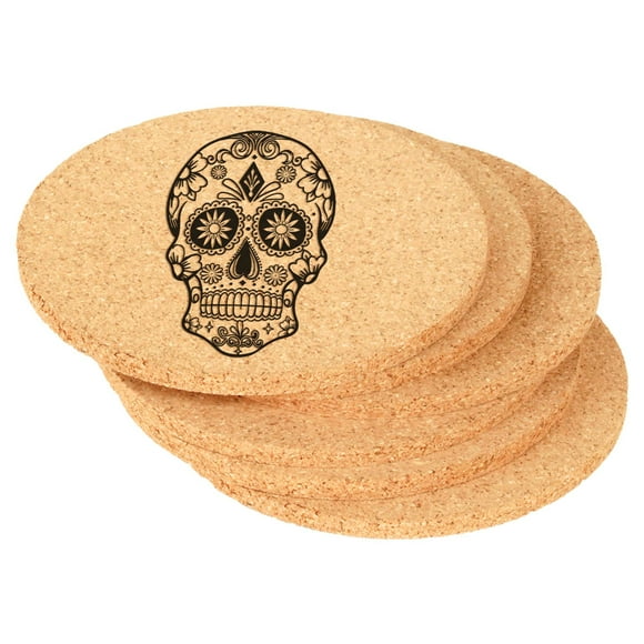 Set of 6 Cork Drink Coasters Sugar Candy Skull