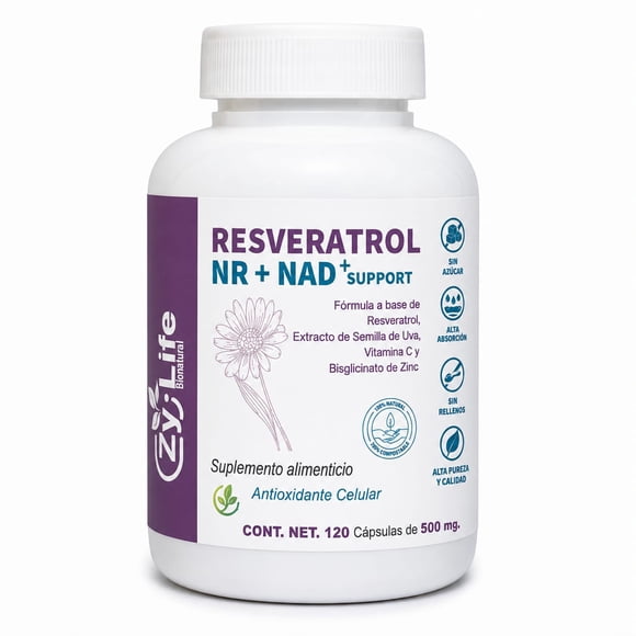 Zy-Life | Resveratrol NR + NAD+ Support | Energía Celular, Longevidad, Envejecimiento Saludable y Bienestar Integral | 120 Cápsulas