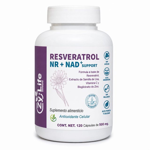 Zy-Life | Resveratrol NR + NAD+ Support | Energía Celular, Longevidad, Envejecimiento Saludable y Bienestar Integral | 120 Cápsulas