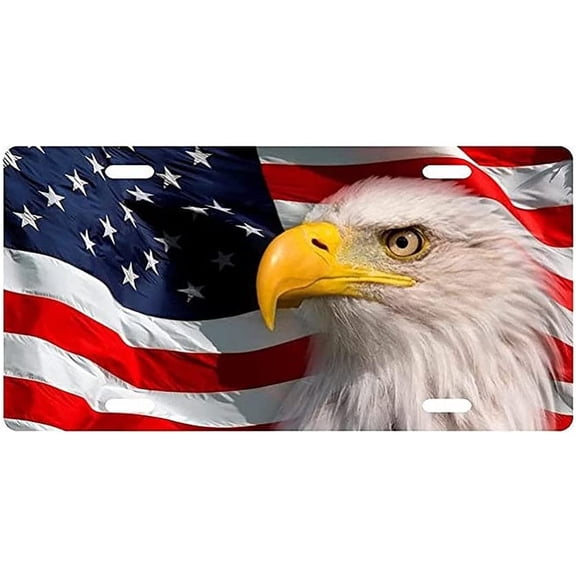 American Flag Bald Eagle Novelty Aluminum License Plate Tag 6x12 Inches – Patriotic USA Decorative Front Vanity Car Plate Metal Sign for Auto, Truck, SUV Gift