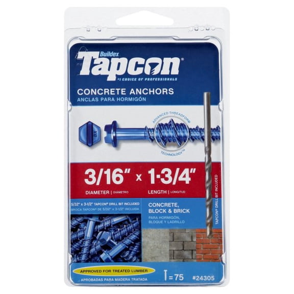 Tapcon 24305 Concrete Anchors, Hex Washer Head, 3/16 x 1-3/4-In., 75-Pk. - Quantity 1
