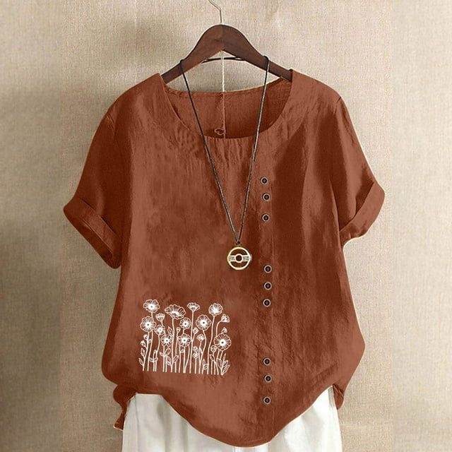 Staron Liquidation Blouses d'Été pour Femmes 2025 Manches Courtes Retroussées Tunique Chic Col Rond Coton Lin Hauts Tendance Amples T-Shirts d'Été à Imprimé Floral