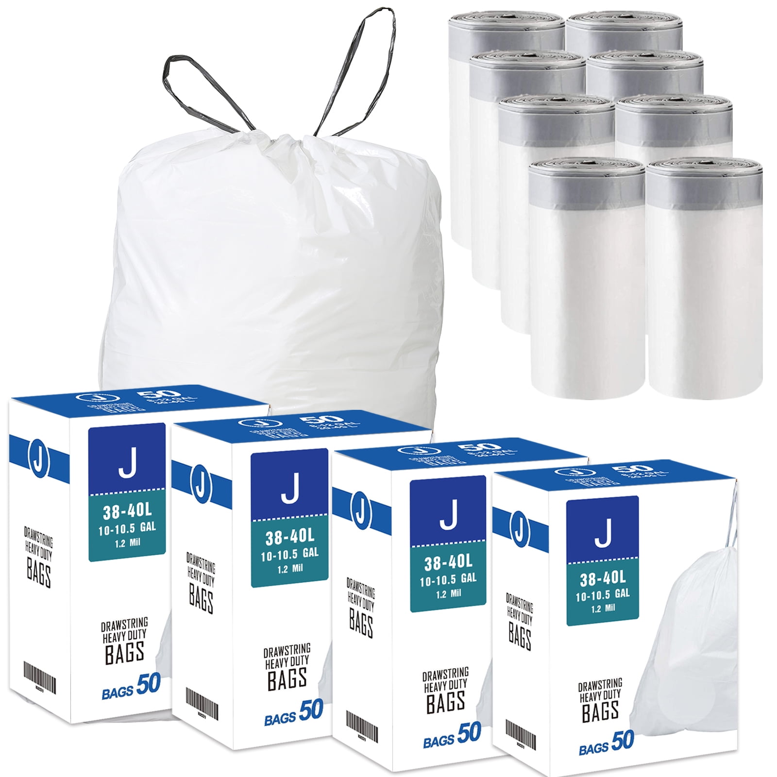 Code J 200 Count Drawstring Trash Bags Compatible with simplehuman Code J | 1.2 Mil White Garbage Can Liners 10-10.5 Gallon / 38-40 Liter Heavy Duty