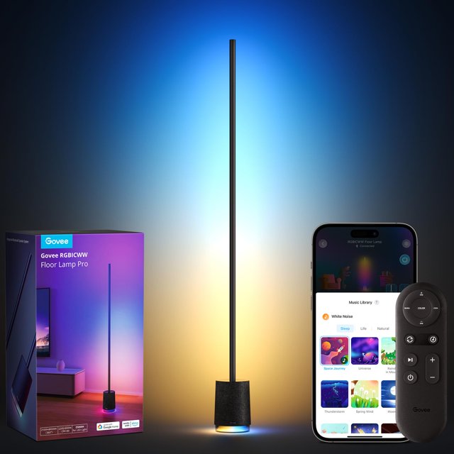 lámpara de pie govee pro rgbic led con altavoz bluetooth 2100lm lámpara de pie negra de 67 pulgadas con poste delgado y base cilíndrica; iluminación RGBIC degradada a lo largo del poste, luz blanca ajustable en la base (2200–6500 K) y hasta 2100 lúmenes, control remoto y app que muestra modos de escena, sincronización musical y 29 sonidos de ruido blanco; también adecuada para ambientar zonas de juego o transmisión en vivo.