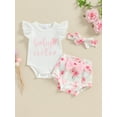 thumbnail image 2 of Suealasg Baby Girls 3Pcs Summer Clothes 3 6 12 18 24 Months Infant Short Sleeve Letter Heart Print Romper +Floral Print Shorts + Headband Set Newborn Girls Casual Outfit, 2 of 8