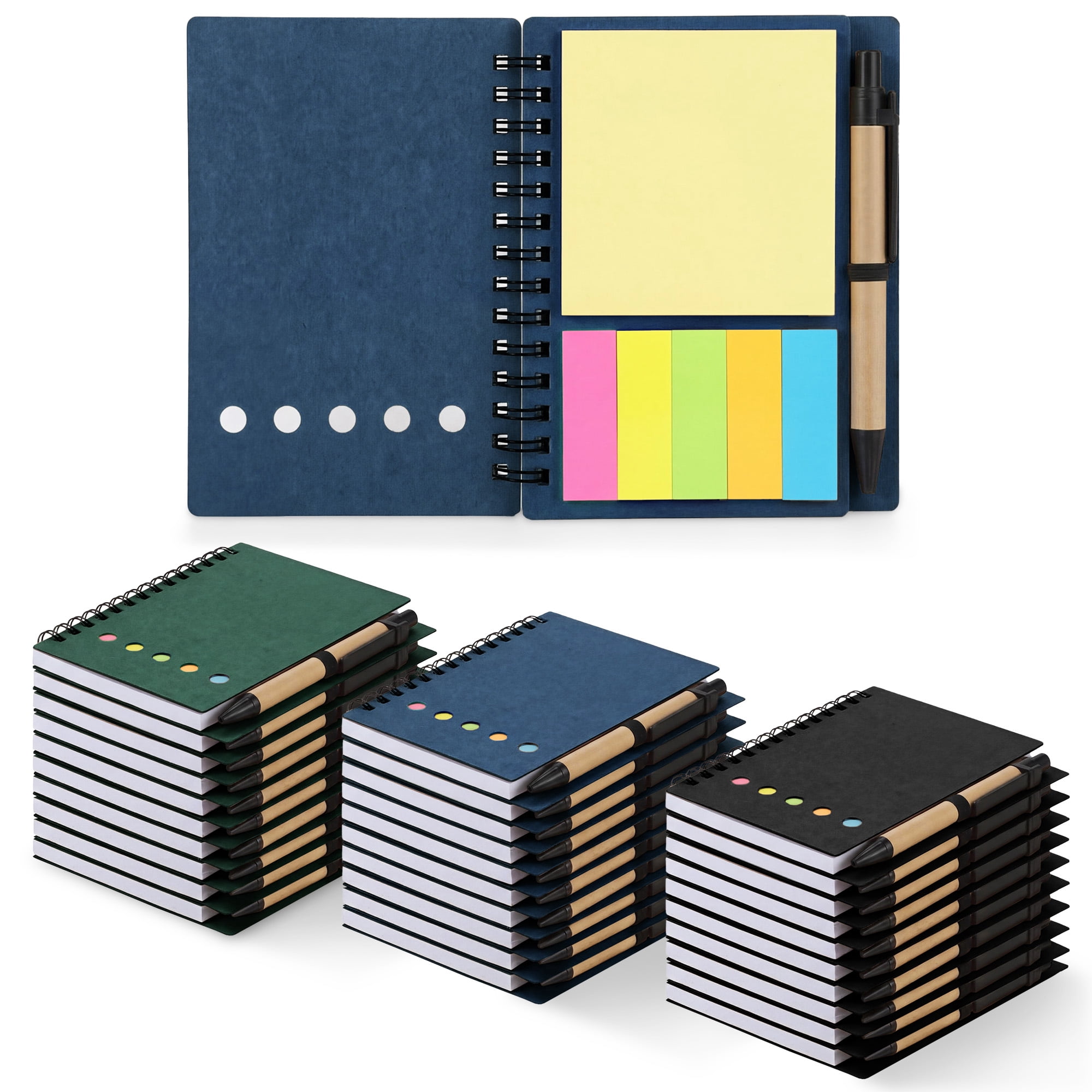 30-Pack Spiral Notebook Set with Ballpoint Pens, 3.9x5.1in Pocket Lined Journals with Elastic Band, Sticky Notes, Color Bookmarks(Black/Blue/Green)