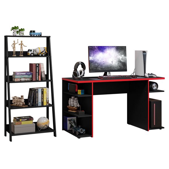 Madesa 2-Piece Desk and Ladder Shelf Set: 53" Gaming Desk with Cable Management + 24" 5-Tier Ladder Shelf for Storage, Office, Gaming and Study – Black/Red