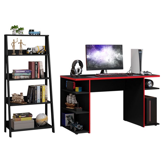 Madesa 2-Piece Desk and Ladder Shelf Set: 53" Gaming Desk with Cable Management + 24" 5-Tier Ladder Shelf for Storage, Office, Gaming and Study – Black/Red