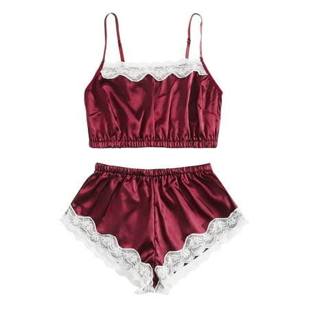 

Womens Pajamas Sexy Lace 2 Piece Silk Satin Lingerie Nightgown Spaghetti Strap Pjs Camisole Pajamas Sets