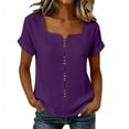 thumbnail image 2 of Women's Solid Linen Short Sleeve U-Neck Button Top Summer T-Shirt, 2 of 9