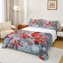 Manfei Merry Xmas Full Size Sheets,Red Bird Cardinals Bed Sheets,Red Christmas Berry Sheet Sets For Men Women,Luxury Bedroom Decor,4pcs
