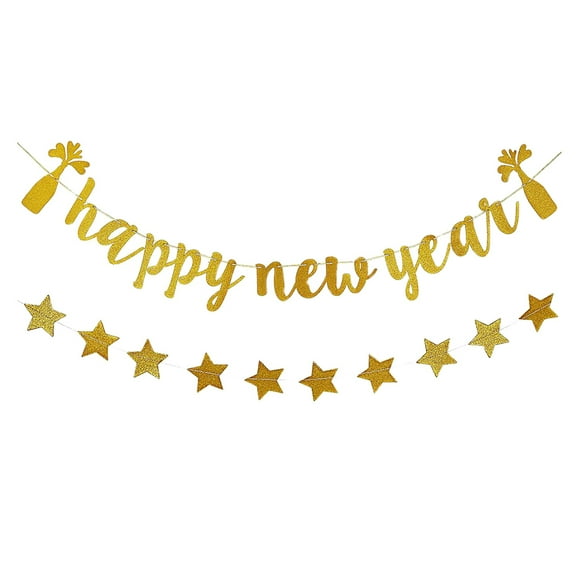 WRITWAA 2 Pcs Golden Happy New Year Party Bunting Decorations Set for Courtyard and Event Celebrations
