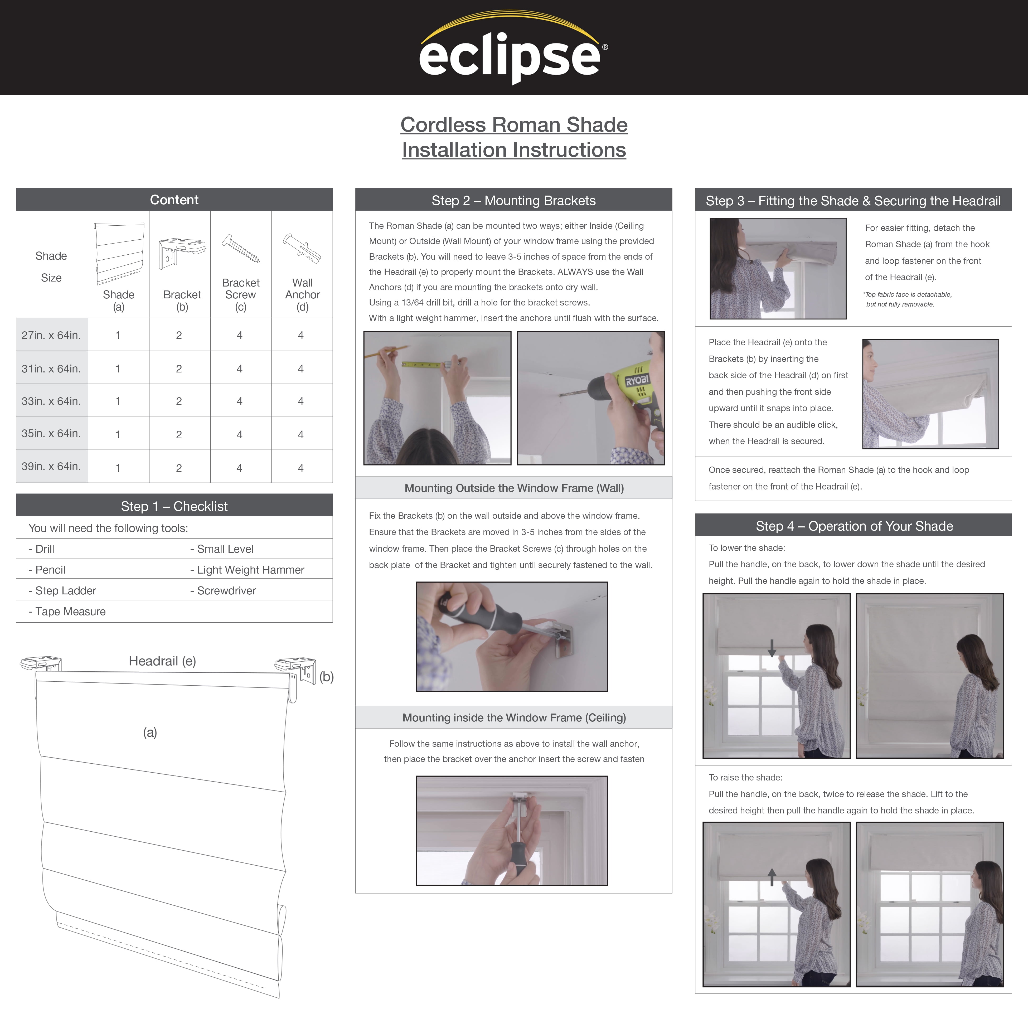 Eclipse Cordless 100% Blackout Polyester Roman Window Shades, 33" x 64"