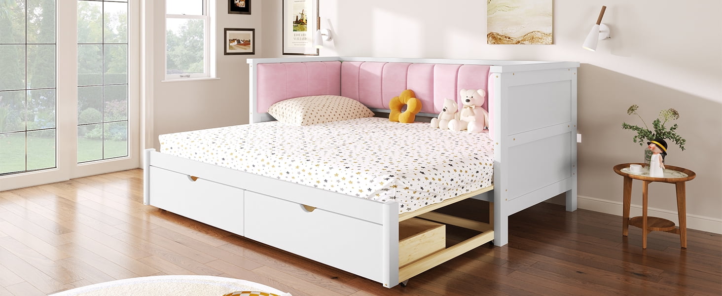 Mintazer Twin XL to King Daybed with Pink Upholstered Backrest & Storage Drawers, White