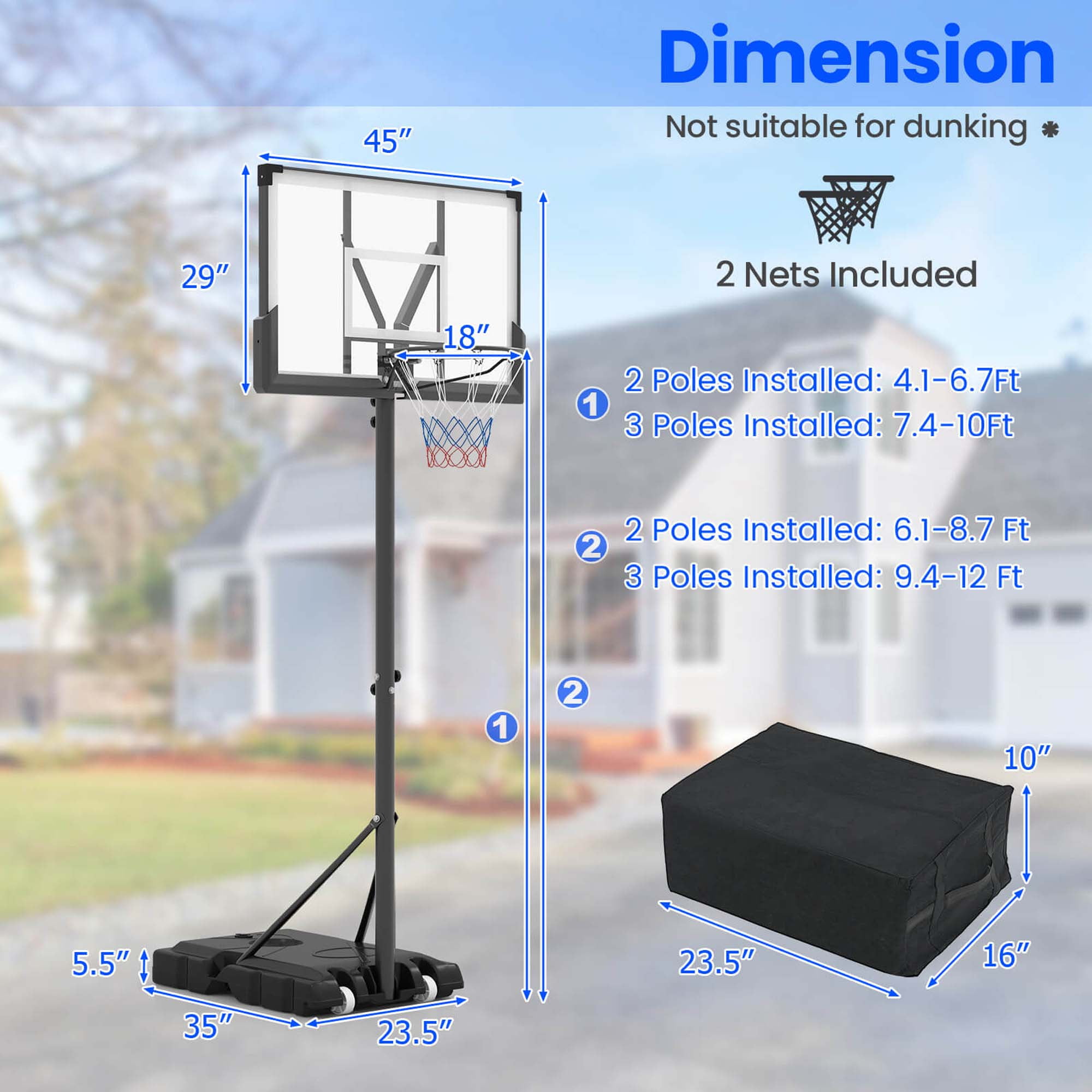 Goplus Basketball Hoop Outdoor System with 45 Inch Shatterproof PC Backboard Wheels