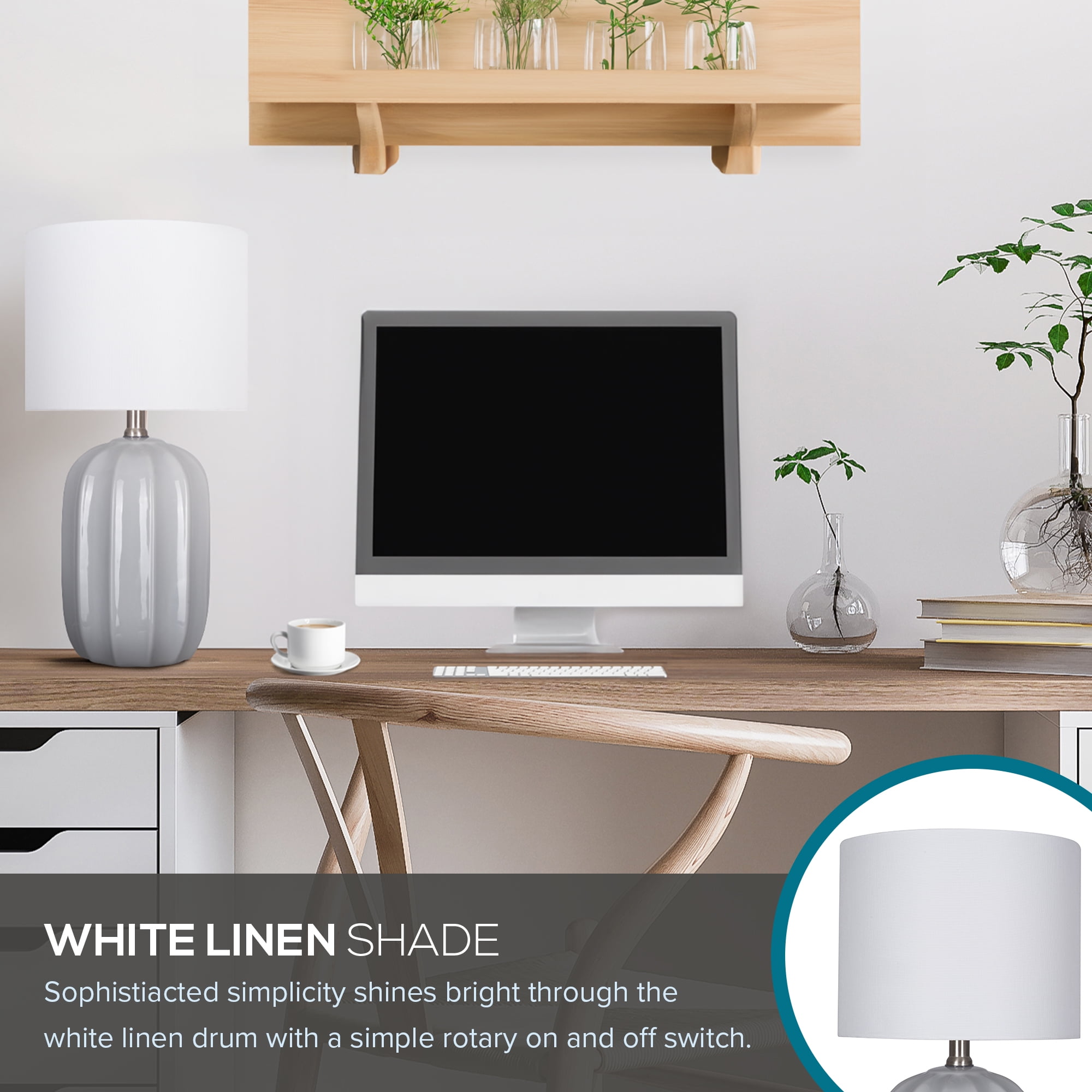 Catalina Lighting Arcadia 19.5'' Table Lamp with White Fabric Drum Shade Transitional Table Light Fixture for Living Room, Bedroom, or Office, Gray