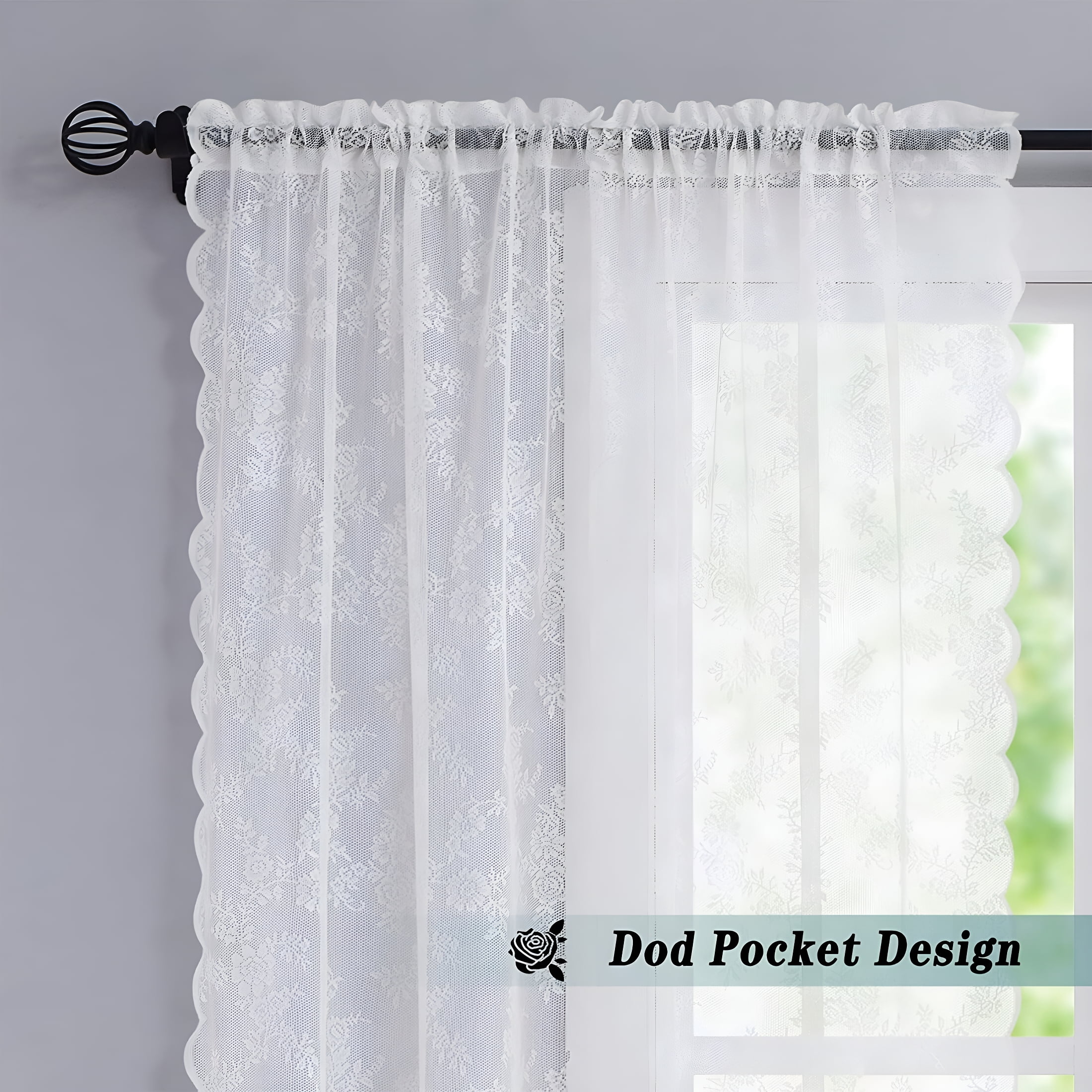 AUQ White Lace Sheer Curtain Panels for Living-Room,Beaded Curtain,Rose Floral Embroidery Draperies for Farmhouse,Rod Pocket 95"L X 55"W X 2 Pcs