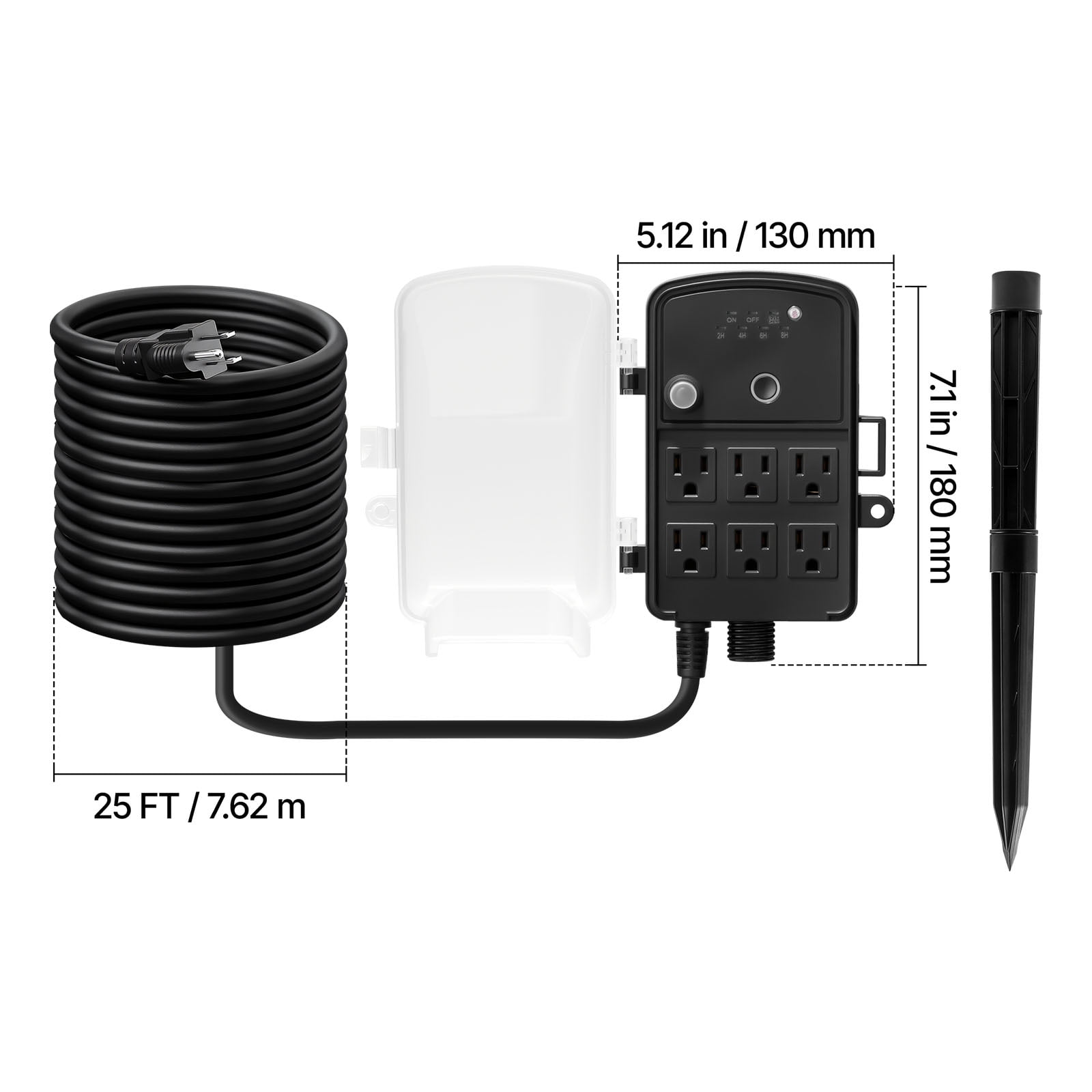 KFFKFF Outdoor Power Stake with 25FT Extension Cord, Weather-Resistant Power Strip with Cover, Remote-Controlled Light Timer, 6 Outlets, 1875W/15A, Ideal for Holiday Lighting and Garden Use