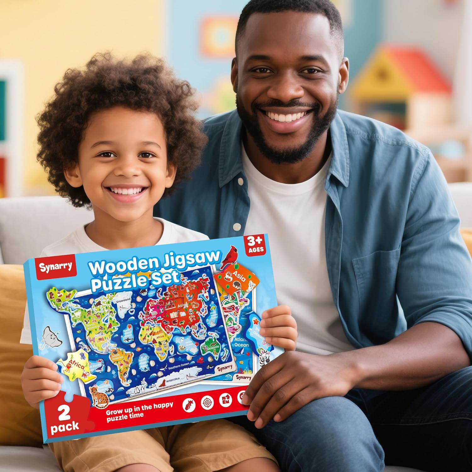 SYNARRY Large Wooden USA & World Map Puzzles, Educational Jigsaw Puzzle Set, Learning United States World Maps Puzles for Kids