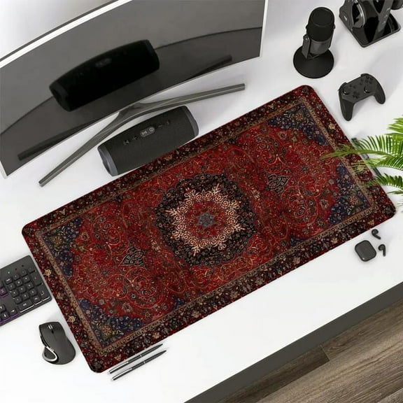 Extra Large Size Boho Patter Mouse Pad Red Vintage Aesthetic Design Gaming Mat for Home Office Desk Mat Non-Slip Stitched Edge Rubber Base Mousepad for Gift Computer Keyboard Mat