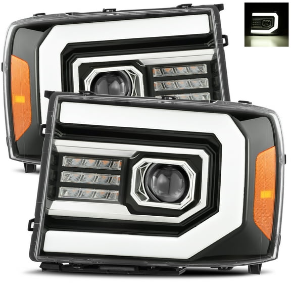 AlphaRex Base Model Jet Black Fit 07-13 GMC Sierra 1500/07-14 Sierra 2500HD/3500HD LED DRL Tube Dual Projector Headlights