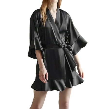 Biezeib Women s Satin Robes 3/4 Sleeve Ruffle Hem Kimono Robe Silk Bridesmaid Robe Lingerie Sleepwear