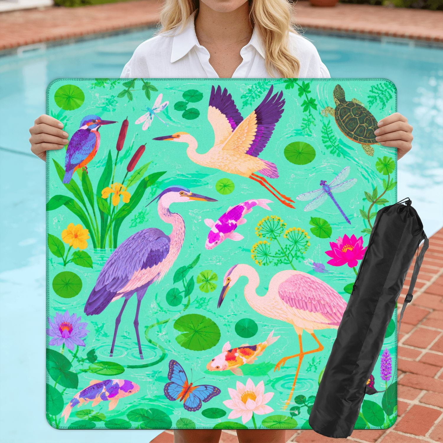 Mahjong Mat 31.5" x 31.5" Pink Colorful Fish Water Lilies Non-Slip Noise Reduction American Mahjong Tiles Table Cover for Dominoes Poker Card Board Games Gift