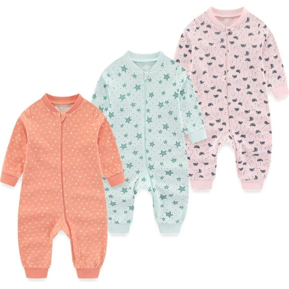 MAMIMAKA Barboteuse à Fermeture Éclair pour Nouveau-Né en Coton une Pièce Lot de 3, 0-24 Mois