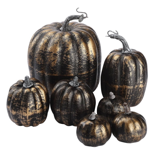 7 Pcs Assorted Sizes Harvest Gold Artificial Pumpkins for Fall Halloween Thanksgiving Decorating Embellishing and Displaying