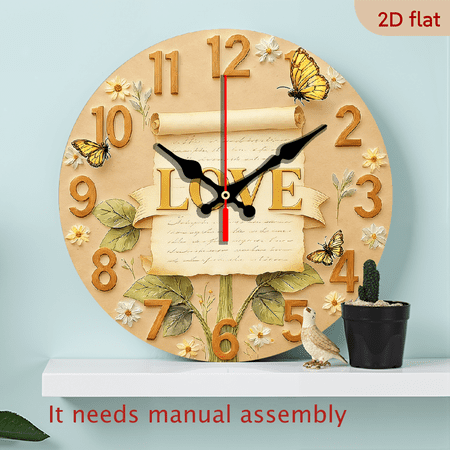 2D Flat10Inch Scroll Love Letter Round Wall Clock, Wooden Round Silent Movement, Battery Powered, Suitable for Meditation, Living Room, Bedroom, and Dining Room - AA Batteries Not Included