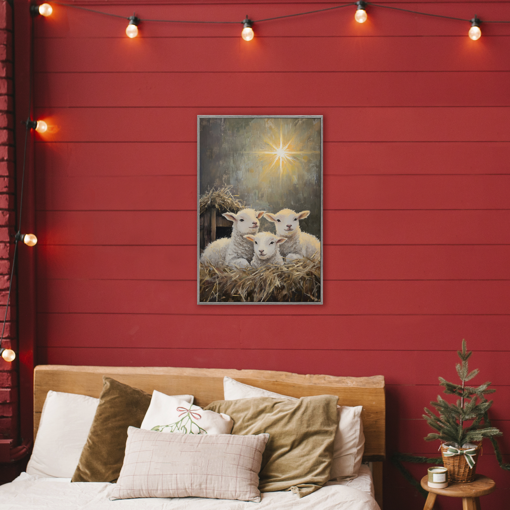 Festive Lambs in Stable Gray Framed Giclee Art, design by Petal Prints Design