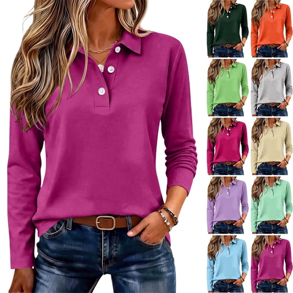 WULMLEO Womens Polo Shirts V Neck Women's Long Sleeve Tops Soft Cute Tunic Purple L