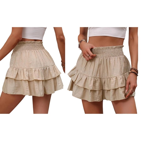 Women'S High Waist Ruffle Mini Skirt Tiered Short Skirt with Shorts Underneath Khaki M