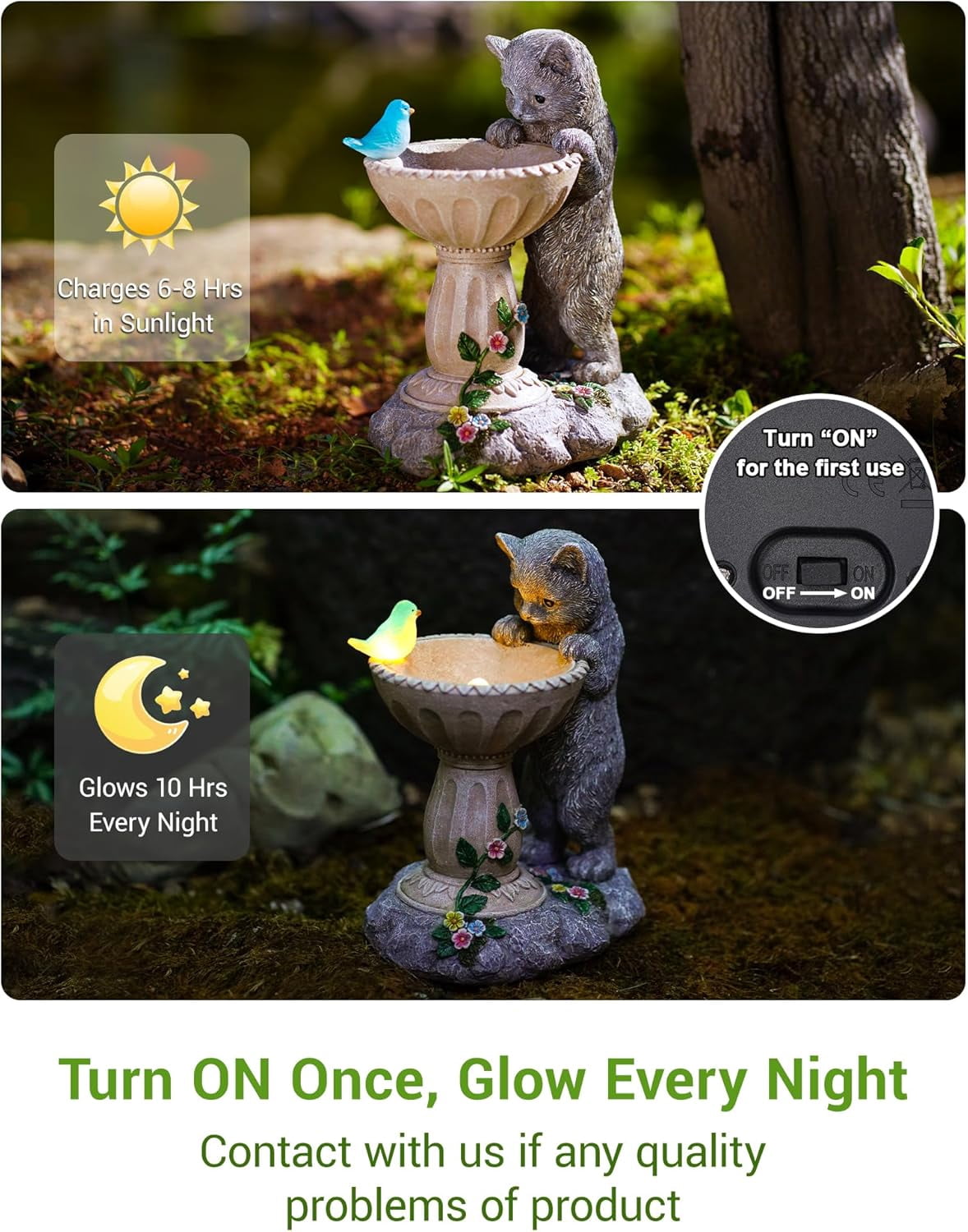 Outdoor Yard Patio Balcony Art, Solar Cat Statue for Garden Decor: IP44 Weatherproof Resin with Automatic Lighting, No Installation – Birthday Gifts for Bird Lovers, Mom, Grandma, Women