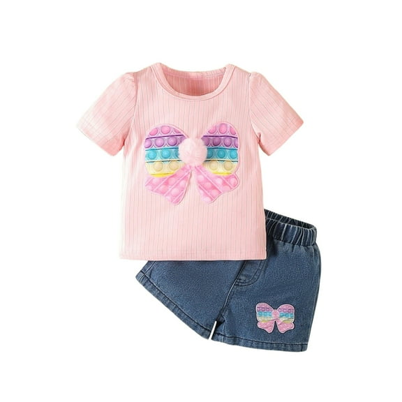 Girls Outfits Girls Bow Patch Ball Print Summer Outfit Set Short Sleeve T Shirt Denim Shorts Girl Baby Clothes Pink 6 Months-9 Months