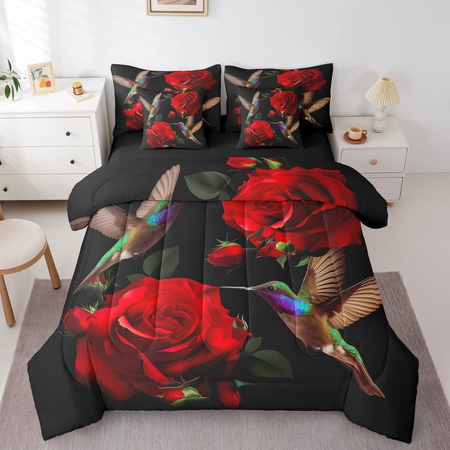Hummingbird Queen Comforter Set 7 Piece,Red Rose Bed in a Bag,Romantic Flowers Bird Wild Animals Bedding Comforter Sets with 1 Comforter,2 Shams,2 Pillowcases,1 Flat Sheet,1 Fitted Sheet