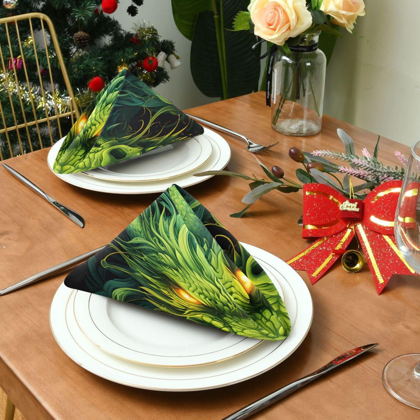 JSTEL Green Dragon Cloth Napkins Set of 6, 20x20 Inch Washable and Reusable Napkin for Decoupage Dinner Party Everyday Use